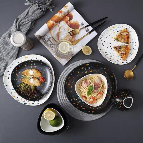 Terrazzo Matte Black and White Ceramic Bowls and Plates - Terrazzo Matte Black and White Ceramic Bowls and Plates