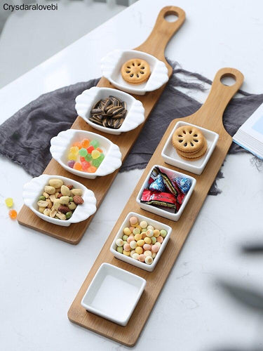 Ceramic Fruits Plate with Bamboo Tray (Five-piece Set) - Ceramic Fruits Plate with Bamboo Tray (Five-piece Set)